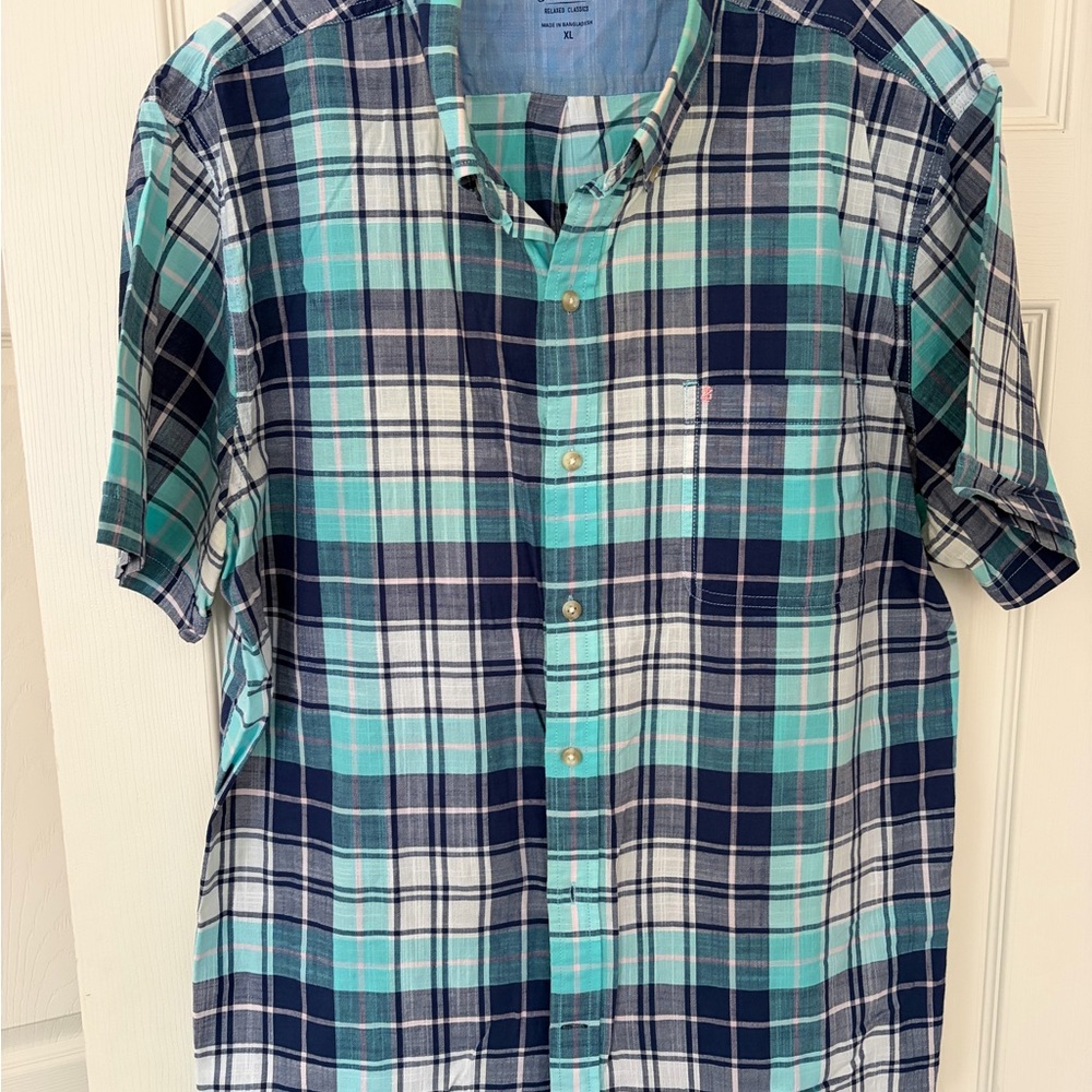 Izod Teal and Navy Plaid Button Down Shirt